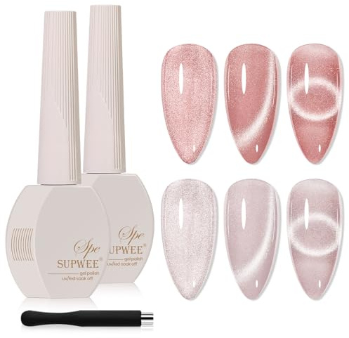 SUPWEE 2 Colors Cat Eye Gel Nail Polish, Silver Nude Magnetic Gel Polish | with Magnet Holographic Glitter Cat Magnetic Eye Effect Nail Art Varnish DIY Salon for Women 15ml