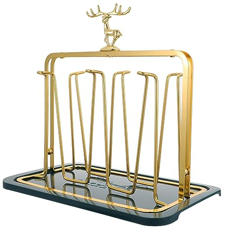 Amosfun Glass Cup Holder with Tray Sturdy Household Glassware Rack for Kitchen and Living Room Desktop Storage Modern Elegant Glass Cup Stand Organizer