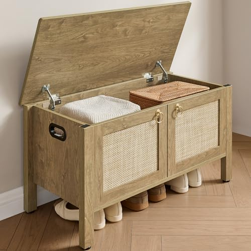 SICOTAS Rattan Shoe Rack Bench with Lift Top Storage: Farmhouse Boho Wide Shoe Cabinet Entryway Bench with Safety Hinges, Wooden Storage Chest for Bedroom, Entryway, Hallway, Living Room