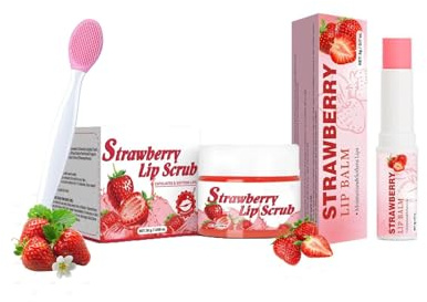 Strawberry Lippenpeeling und Erdbeer-Lippenbalsam mit Pinsel-Set, 3-teiliges natürliches Peeling und feuchtigkeitsspendende Lippenpflege, Geschenkset, dunkle Lippenbehandlung für Raucher, beruhigt und