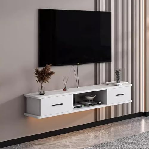 Meuble TV flottant rustique pour salon, grand meuble de rangement avec coins arrondis, table console TV élégante blanche, 120 x 22 x 20 cm, idéal pour chambre à coucher et salon