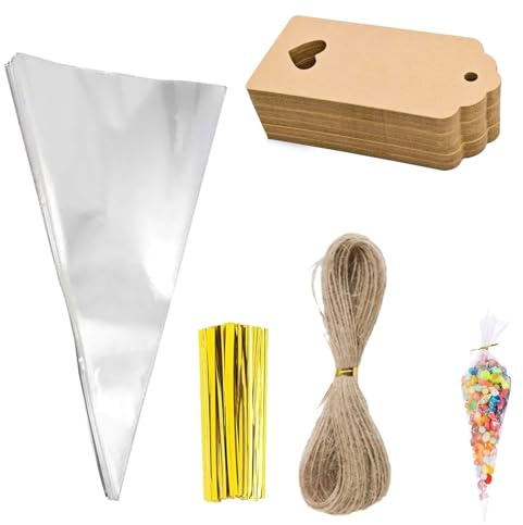 100PCS Candy Tüten Hochzeit,Süßigkeiten Tüten Und Goldband,Transparente Plätzchentüten,Durchsichtige Gastgeschenke Tüten,Partytüten Geschenkbeutel,Mit 100 Krawatten,100 Karten,20 Metern Seil,Kiuiom