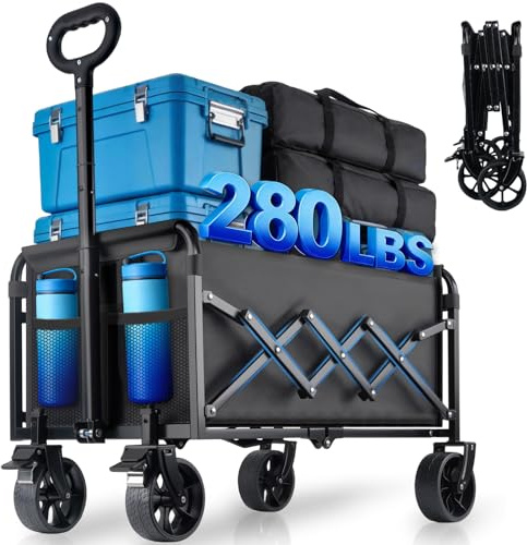 120L Festival Trolley on Wheels with Brakes - Folding Wagon Cart, Heavy Duty Camping Trolley Foldable with Adjustable Handle, Lightweight Pull Along Trolley on Wheels for Beach Camping Garden Shopping