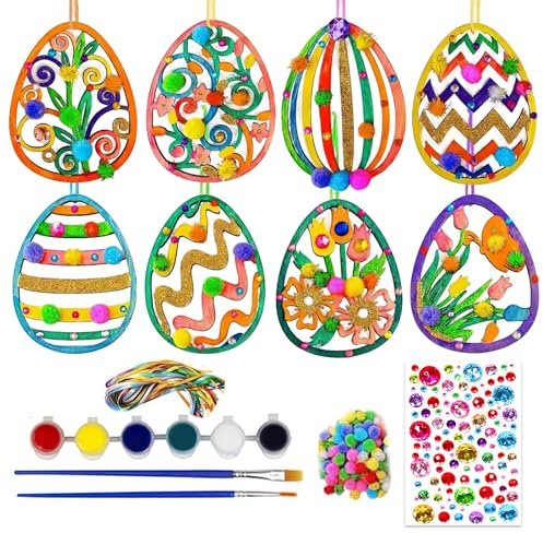 Oster Basteln Kinder, Holz Ostereier zum Bemalen, 90 Stück Bastelsets Kinder Holzanhänger Ostern zum Bemalen, Osterbasteldekorationen mit Pompons, Deko Schnur, Osteraufkleber, Strass, Ostergeschenke