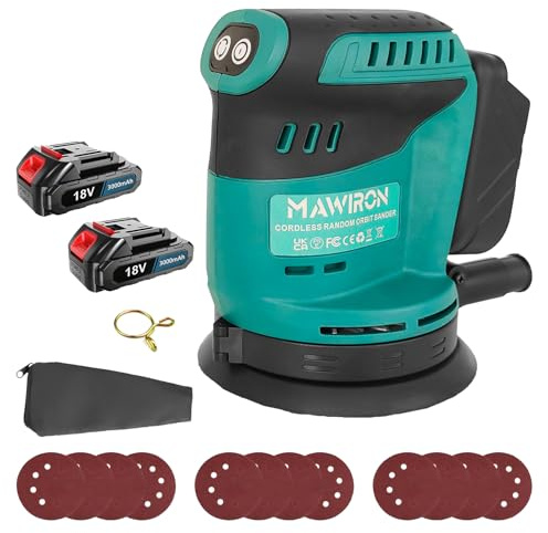 Borstlös excenterslip med batteri, ersättning för Makita DBO180Z, 125 mm trådlös elektrisk slipmaskin för slipning, polering, släta ut ytor, med 12 slippapper, 3 växlar 7500–13 000 RPM