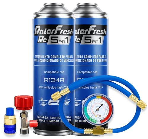 Ralerfresh RC 5 en 1 – Recarga de aire acondicionado coche R134a hasta 2016 - Gas refrigerante, Sella fugas, Lubricante, Elimina humedad y Protege (2 Botellas RC51 + Manómetro Manguera + conector)