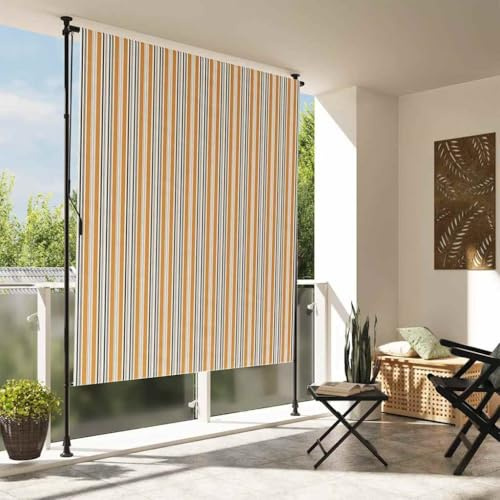 Estor exterior fácil de montar para pérgola como estor exterior amarillo y blanco 150 x 270 cm con articulación de manivela para balcón y terraza con revestimiento de poliuretano e intimidad