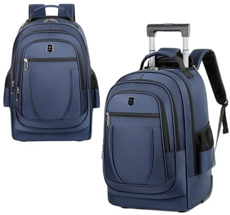 Ryggsäck med hjul för kvinnor Herr, 15,6 tum, lätt rullväska, resväska (50 x 34 x 22 cm), vattentät laptopryggsäck med teleskophandtag, för företag, universitet, flygplan, kapacitet 55 L (Blå)