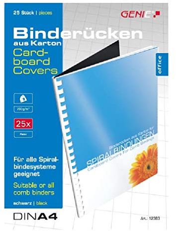 GENIE 12383 Karton-Rücken (DIN A4; 230 g/qm; geeignet für alle Bindegeräte) 25 Stück schwarz