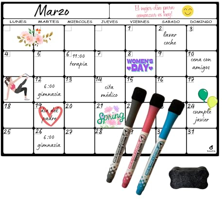 toots - Calendario magnetico per frigorifero A4 (30 x 21) - Agenda mensile e settimanale con 5 segnalibri e cancelleria - Lavagna magnetica per organizzazione familiare, pianificazione di pasti e
