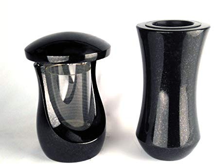 designgrab Grablampe Cerres und Grabvase Atria aus Granit Schwedisch Black, Grabschmuckset