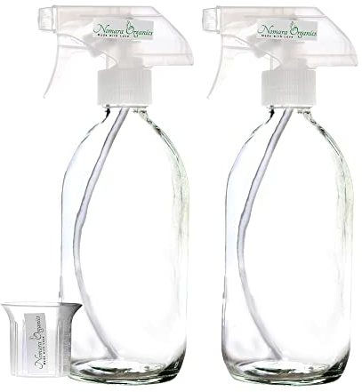 Nomara Organics Clear Glass Spray Bottles with Fine Mist Trigger Pumps, 2 Pack, 500mL. Refillable & Reusable Misting Sprayers for Cleaning Solutions, Oil and Vinegar in Kitchen or Bathroom.