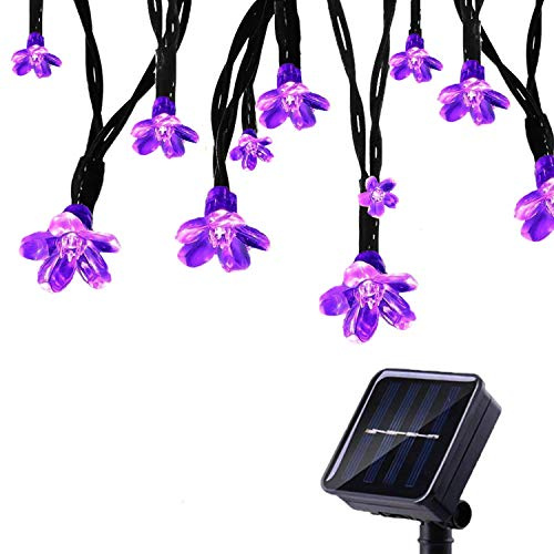 Tuokay Solar Lichterkette Außen, 50 LED Außenlichterkette mit Blumen (Lila) | 8 funkelnde Modi, wasserdicht, für den Außenbereich, Gartenleuchten für Zuhause, Pavillon, Terrasse, Rasen, Ornament