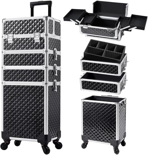Stagiant Rolling Makeup Case Cosmetology Case on Wheels 4 in 1 Large Cosmetic Organizer Train Case Makeup Travel Case with Key Swivel Wheels Nail Artist Salon Storage Traveling Cart Trunk Black