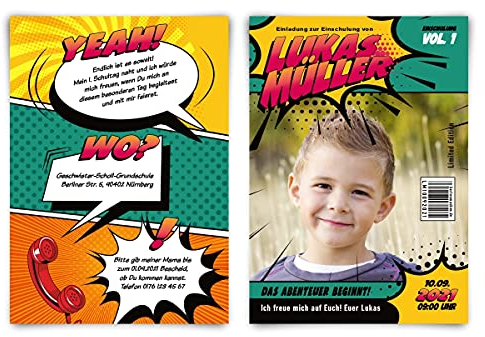 Kartenmachen.de 10 x Schuleinführung Einschulung Einladungskarten Text und Foto einfach individuell selbst gestalten DIN A6 für Jungen - Superheld Comic-Buch Cover