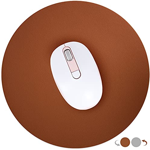 Hsurbtra Mouse Pad, Double-Sided PU Leather Small Round Mousepad 22cm, Anti-Slip Waterproof Mouse Mat, Pretty Cute Mouse Pad for Office Home Gaming Laptop Men Women Kid,Brown&Grey