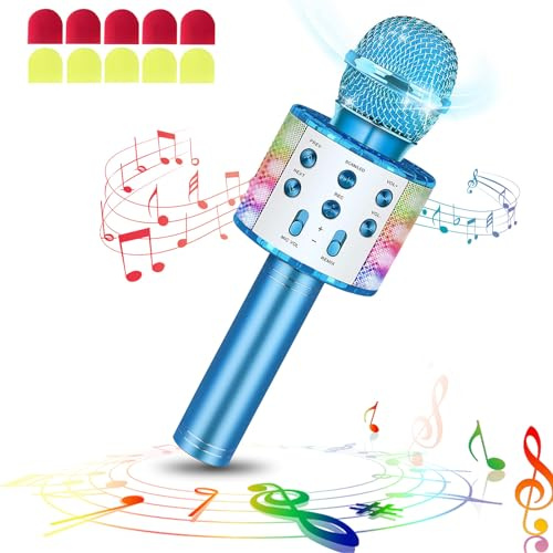 Trådlös Bluetooth Karaokemikrofon Med Led Lampor Bärbar Handhållen Karaoke Högtalare för Leksaker för Barn Vuxna (Blå, Med 10 Engångsmikrofonskydd)
