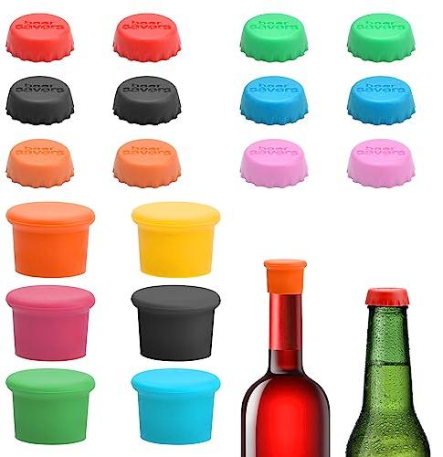 Tappi per bottiglie colorate, 18 pezzi, in silicone, per bottiglie di vino, riutilizzabili, 100% senza BPA, per birra, succo e bottiglie di vetro