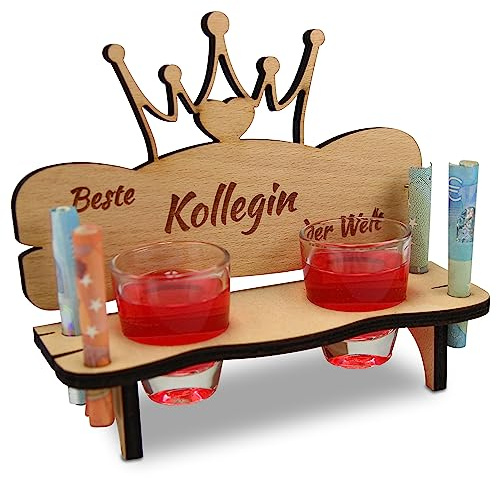 Urhome Schnapsbank mit Herz Krone und 2 Schnapsgläser - Beste Kollegin der Welt Holzbank - Gravur zum Geburtstag, Jubiläum, Jahrestag Geschenk aus Holz