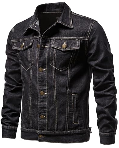 ZDJSWJ Casual trucker jeansjacka för män Jeansjacka Skinny knappad tvättad Klassisk cykeljacka stretch med krage, svart, M