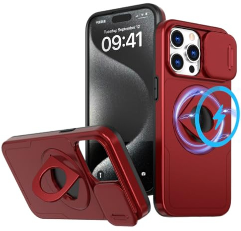 ADKOT Custodia magnetica con ricarica wireless per iPhone 15 14 Plus 13 12 11 Pro X XR XS Max Copriobiettivo scorrevole ad anello, rosso, per iPhone 13 ProMax