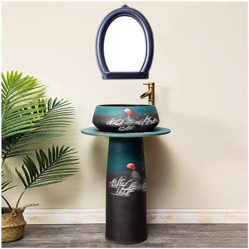 ZTGL Standwaschbecken aus Keramik Handgeschnitzte Rund Säulen Waschbecken, Bodenstehender Badezimmer Waschtisch Mit Wasserhahn und Abfluss-Kombinat,03,4 Piece Set
