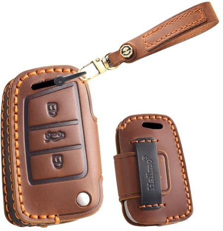 ontto Leder Autoschlüssel Hülle Schlüsselhülle Schlüsseltasche Schutzhülle Schlüsselanhänger Passt für VW Golf 7 Variant T-Cross Polo Tiguan Seat Leon für Skoda Octavia Superb 3 Tasten-B Braun