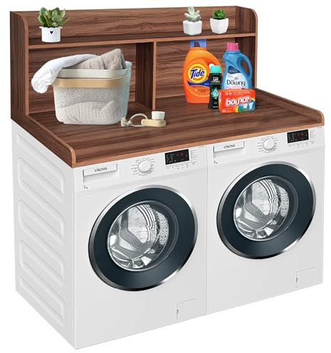 Royxen Washer Dryer Countertop with Extal Tall Shelf, Washer and Dryer Topper, Laundry Countertop with Non-Slip Pads, Universal Fit for Laundry Room Organization, Walnut