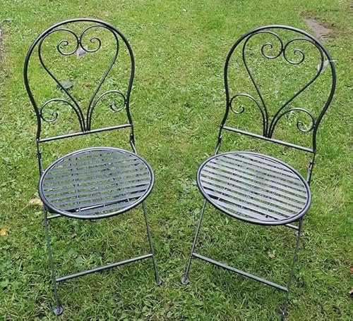 Generisch NEU !! 2er Set graue Bistrostühle mit Herzmotiv klappbar Gartenstuhl Vintage Vorgarten Balkon Deko Garten Terrasse