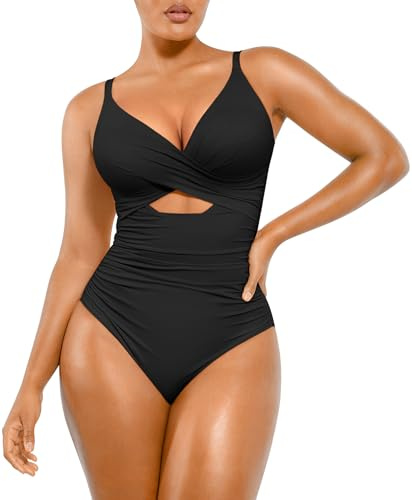 SHAPELLX Tummy Control Swimsuits Women One Piece Swimsuits Women Bathing Suit Slimming Swimwear with Bra (Black,Large)