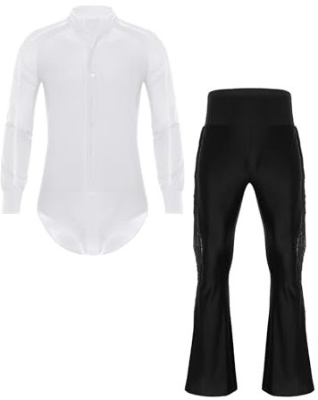 RUNQHUI Herren Standard Tanz Anzug Langarm Latein Tanzbody Mit Ausgestellt Tanzhose Eiskunstlauf Dancewear Zweiteiler Tanzbekleidung Gr. S-XXL Weiß schwarz S