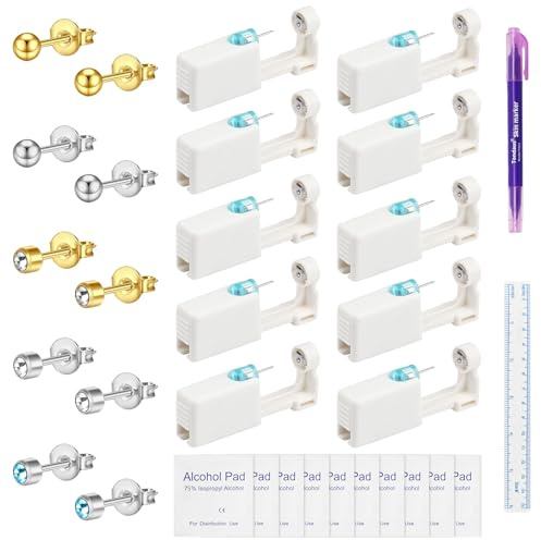 Spetsbst 10 Stück Ohrloch Stecher Set, | Einweg Ohrlochpistole Steril Sicherheits Ohrringe Selber Stechen, Ohrring Stechen Piercing für Damen Herren Mädchen Jungen