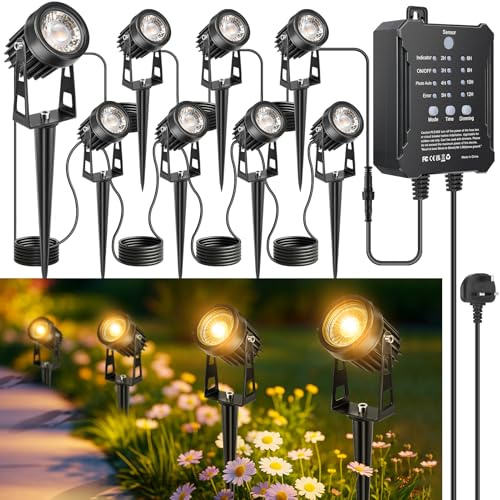 LightingWill Garden Lights Mains Powered with Timer and Photocell Sensor, 8 Pack LED Outdoor Spotlight, 3000K Warm White, IP65 Waterproof Low Voltage Garden Lights for Lawn, Path, Patio, Driveway