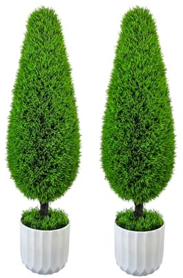 3FT Artificial Topiary Tree with Potted, Set of 2 Outdoor Faux Boxwood Plants UV Resistant Fake Bushes Shrubs for Garden, Yard Decor
