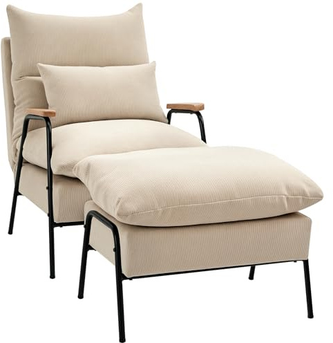 HOMCOM Relaxsessel mit Hocker Sessel mit Verstellbar Rückenlehne, Liegefunktion, Kissen, Loungesessel Modern Polstersessel mit Kord-Optik für Wohnzimmer bis 180 kg belastbar, Beige