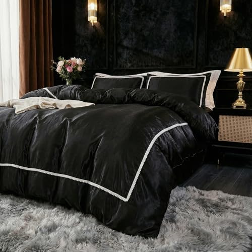 Herside Set di biancheria da letto di lusso nero in seta satinata, set copripiumino matrimoniale bianco con bordo con pompon, reversibile, con 2 federe in raso, facile da pulire, per ragazzi e adulti