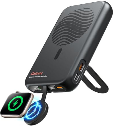 Galeces Chargeur portable magnétique, 10 000 mAh pliable sans fil pour iPhone et Apple Watch, PD 20 W à charge rapide avec support, compatible avec iPhone 12 ~ 16 Series iWatch (noir de jais)