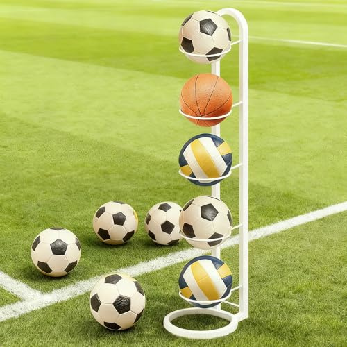 WEFHEF Soporte Balon Futbol de 5 Niveles, Soporte Pelota Baloncesto Vertical, Estante para Pelotas de Metal, Estantería de Cinco Niveles para Almacenar Pelota para Baloncesto, Fútbo (blanco)