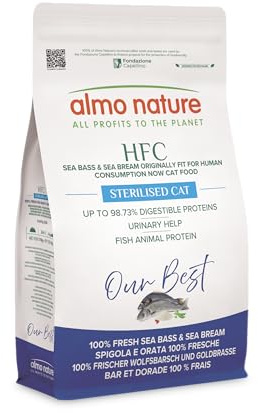 Almo Nature HFC Our Best Sterilised – kattmat för steriliserade katter – färsk havsabborre och dorade – mänsklig kvalitet, glutenfri, för viktkontroll – 1,2 kg