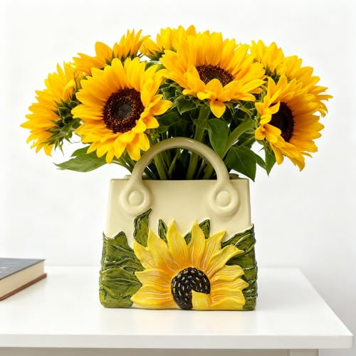 Sonnenblumen Handtaschen Vase, Blumenvase für Tischdeko und Zuhause | Taschen-Design Mit Sonnenblumenmuster | Dekorative Vase Für Wohnzimmer Und Küche | Geschenk Für Frauen, Mama Und Einweihung