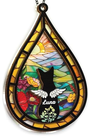 Angel Cat Memorial Suncatcher, Dog Cat Suncatcher Remembrance Gift, Engraved Pet Memorial Ornament, Pet Sympathy Keychain, Rainbow Bridge Pet Loss Gift (cat)