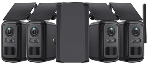 SHIWOJIA 4 Kit Camara Vigilancia WiFi con Home Hub, Halow WiFi Camara Exterior Solar, Visión Nocturna, Audio Bidireccional, Detección de Movimiento PIR, Sin Costo Mensual