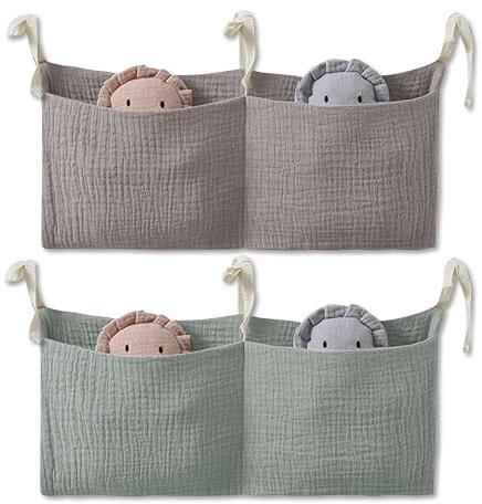 FloraVigo Babybett Organizer Beinhaltet 2 verstellbare Aufbewahrungstaschen für Kinderbetten und eine Spielzeugtasche für Kinderbetten zur Aufbewahrung von Windeln, Kleidung (grün + grau)