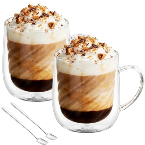 AOOTE Double Walled Glass Mugs, 2PCS Double Walled Coffee Glasses, 350ML Borosilicate Heat Resistant Glass Cups with Handles and Spoons, Cappuccino Latte Glasses Cups for Coffee Milk Juice Ice Cream