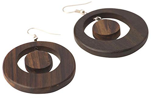 81stgeneration Handgefertigte Runde Holzscheiben-ohrringe mit Haken aus 925er Sterlingsilber | Große Braune Kreis-creolen | Holzscheiben Mod 60er Jahre Ohrhänger