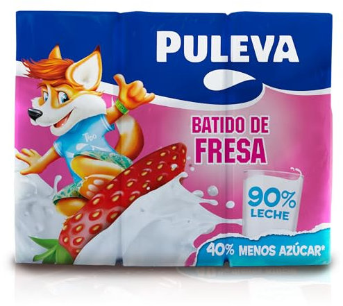 Puleva - Batido Puleva Fresa, 90 % Leche, Sin Azúcar Añadido, Calcio y Vitamina D, Rico en Proteínas, Calcio y Vitamina D, Ideal para Niños y Familias, Pack 6 x 200 ml