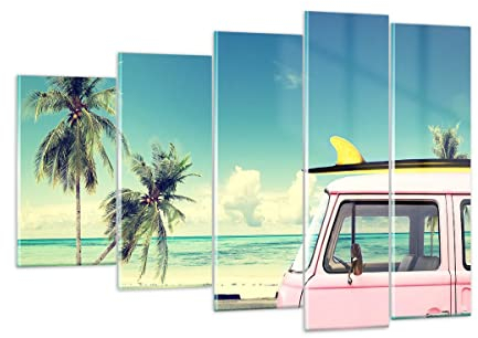ARTTOR Mehrteilige Bilder auf Glas 150x100cm Glasbild Auto Surfbrett Strand Ozean Groß XXL Wanddeko Schlafzimmer Küche Set 5 teilige Wandbilder Dekoration Wohnzimmer Modern Wand Art GEG150x100-2835