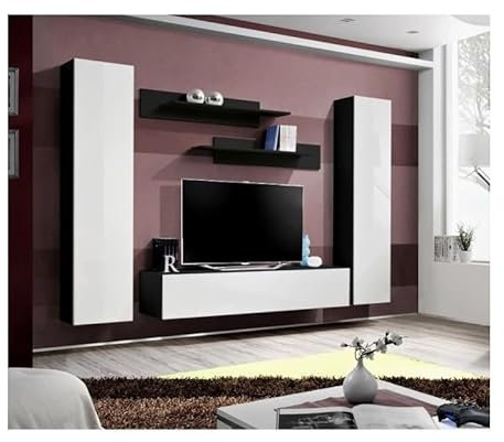 Meublorama TV-Möbel Fly A1 Design, in glänzendem Schwarz und Weiß. Modernes und trendiges Hängemöbel für Ihr Wohnzimmer.