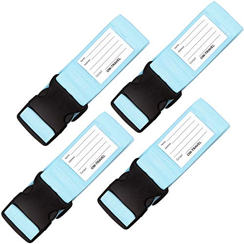 OW-Travel Koffergurt, Kofferband auffällig, Blaue Koffergurte 4 Stück | Kofferband Gurt, Gepäckgurt personalisiert, Koffergurte und Kofferbänder bunt für Flugreisen, Koffer, Taschen und Gepäck