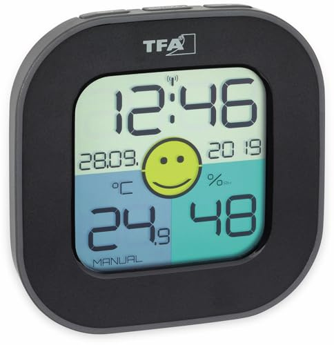 TFA Dostmann Digitales Thermo-Hygrometer FUN, inkl Funkuhr mit Datum, Smiley Komfortzonenindikator, zur Raumklimakontrolle, schwarz, L 88 x B 19 (44) x H 88 mm